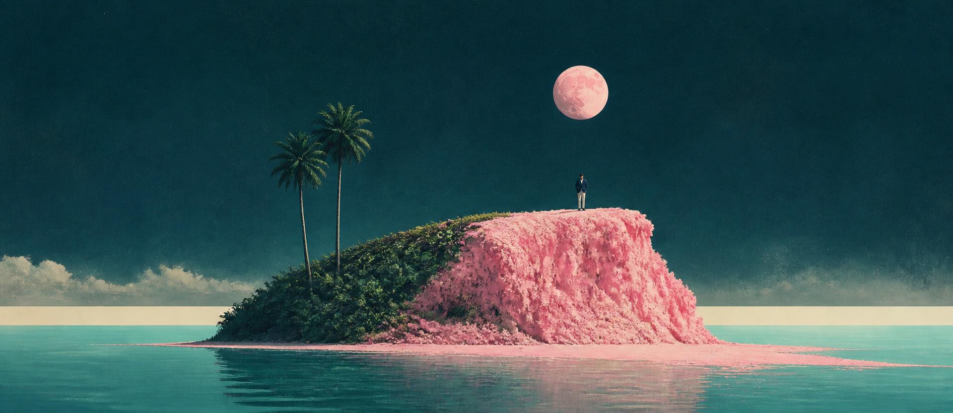 A small island in a calm turquoise sea, a coral pink cliff with one lone man on top, a large pink moon above in a dark teal sky
